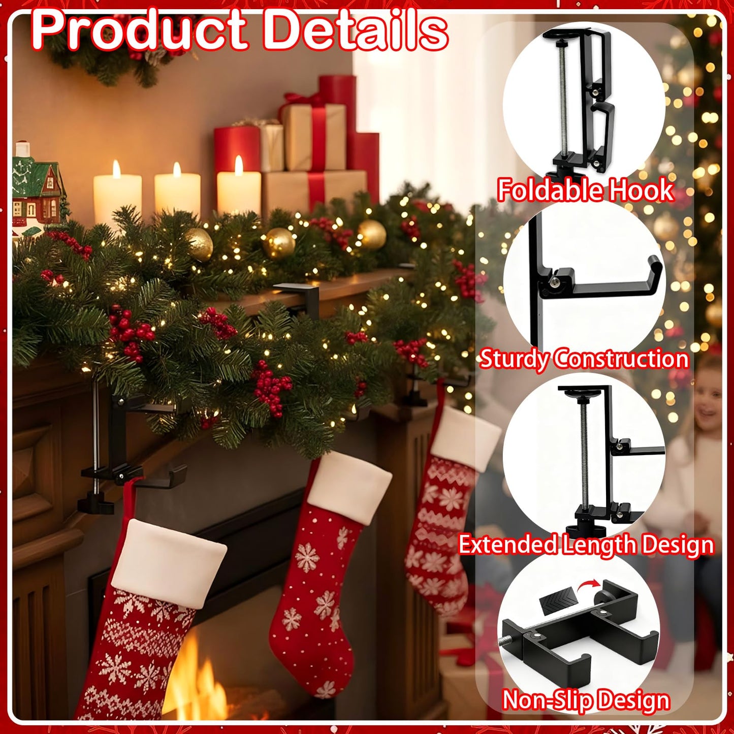 TGLIFEVER Christmas Garland and Stocking Hangers for Mantle, Adjustable 2 in 1 Mantel Stocking Holders with Foldable Double Hooks, Heavy Duty No Drill Fireplace Garland Hooks for Xmas Home Decoration