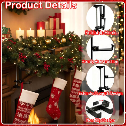 TGLIFEVER Christmas Garland and Stocking Hangers for Mantle, Adjustable 2 in 1 Mantel Stocking Holders with Foldable Double Hooks, Heavy Duty No Drill Fireplace Garland Hooks for Xmas Home Decoration