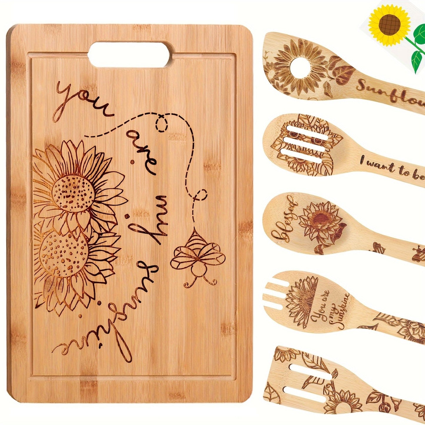 6pcs Sunflower Wooden Cutting Board Set Perfect Charcuterie & Serving Boards for Home Kitchen Decor, Ideal Gifts for Wedding, Birthday, Anniversary, Christmas & Housewarming