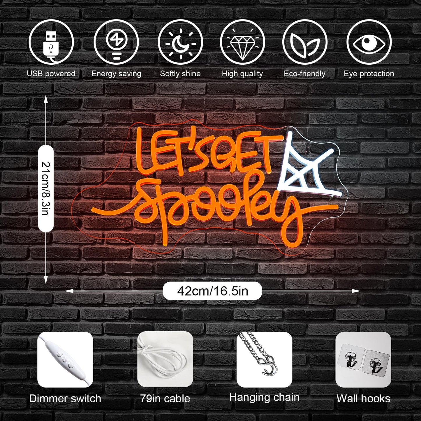 Let's Get Spooky Neon Sign - Halloween Neon Signs for Wall Decor Halloween Neon Light USB Light Up Sign for Halloween Party Decoration,Halloween Decor,Bedroom,Living room,Windows