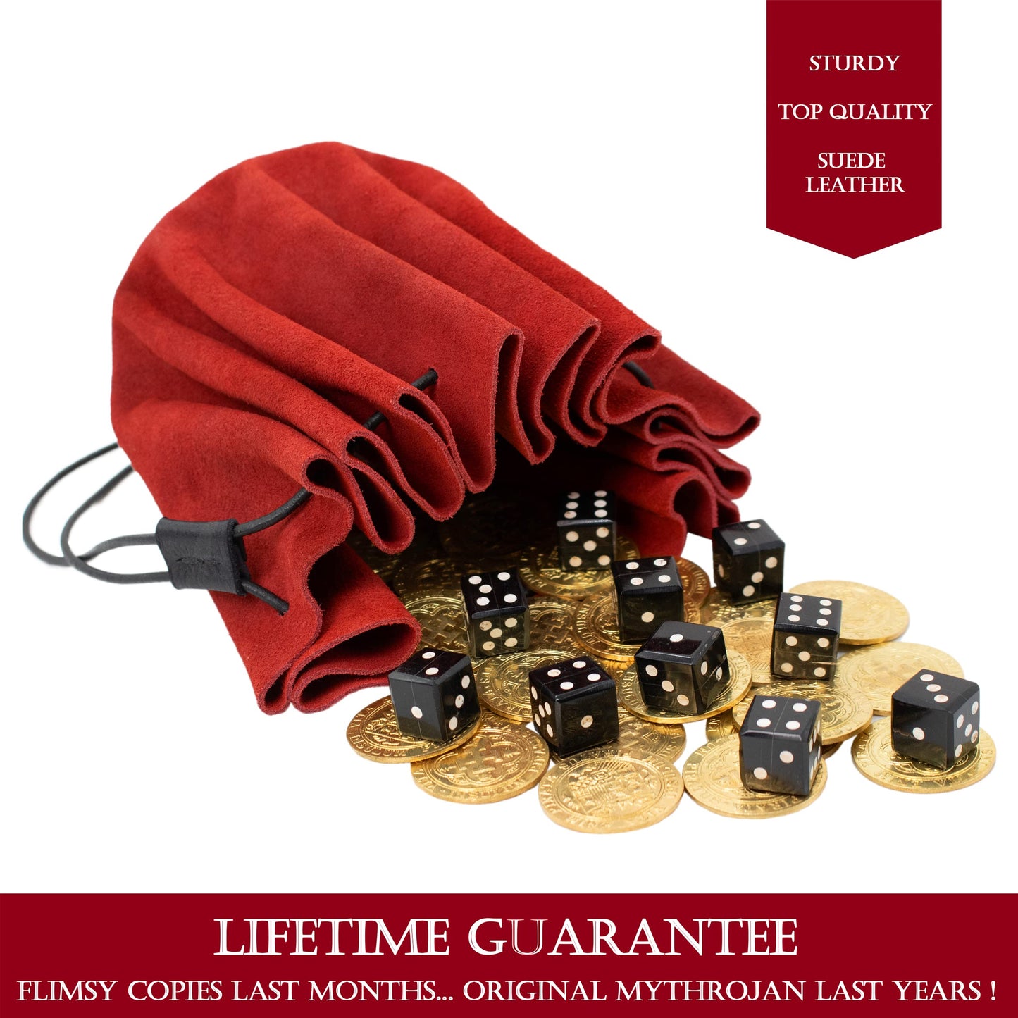 Mythrojan medieval leather pouch suede drawstring belt bag for larp, viking, renaissance cosplay, coin & jewelry waist purse- Red, 4.9" x 3.5"