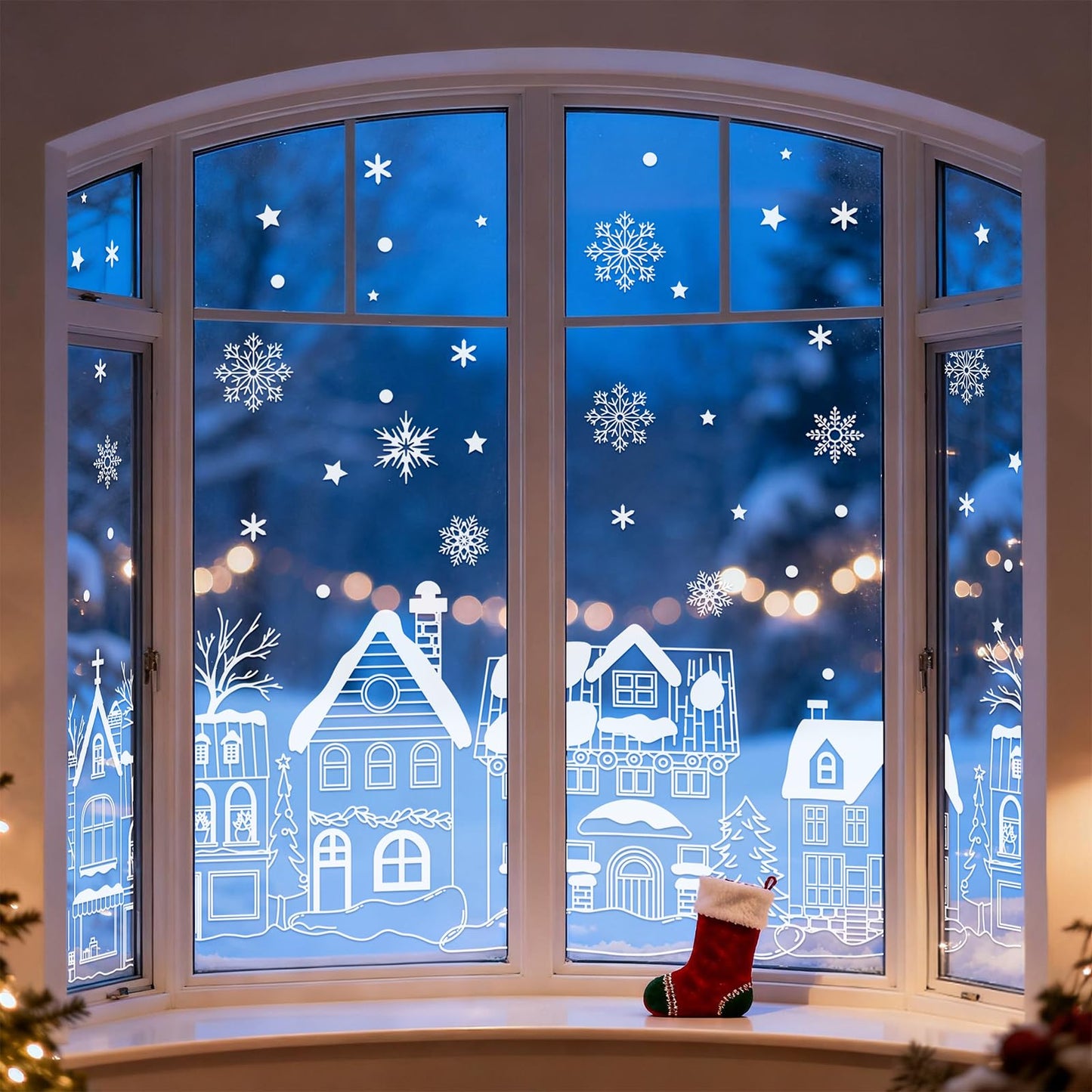 JarThenaAMCS 13.8 * 35.4'' Extra Large Christmas Window Clings 4 Sheets White House Snowflake Xmas Tree Window Stickers Double-Sided Glass Decals for Winter Xmas Home Classroom Office Party Decoration