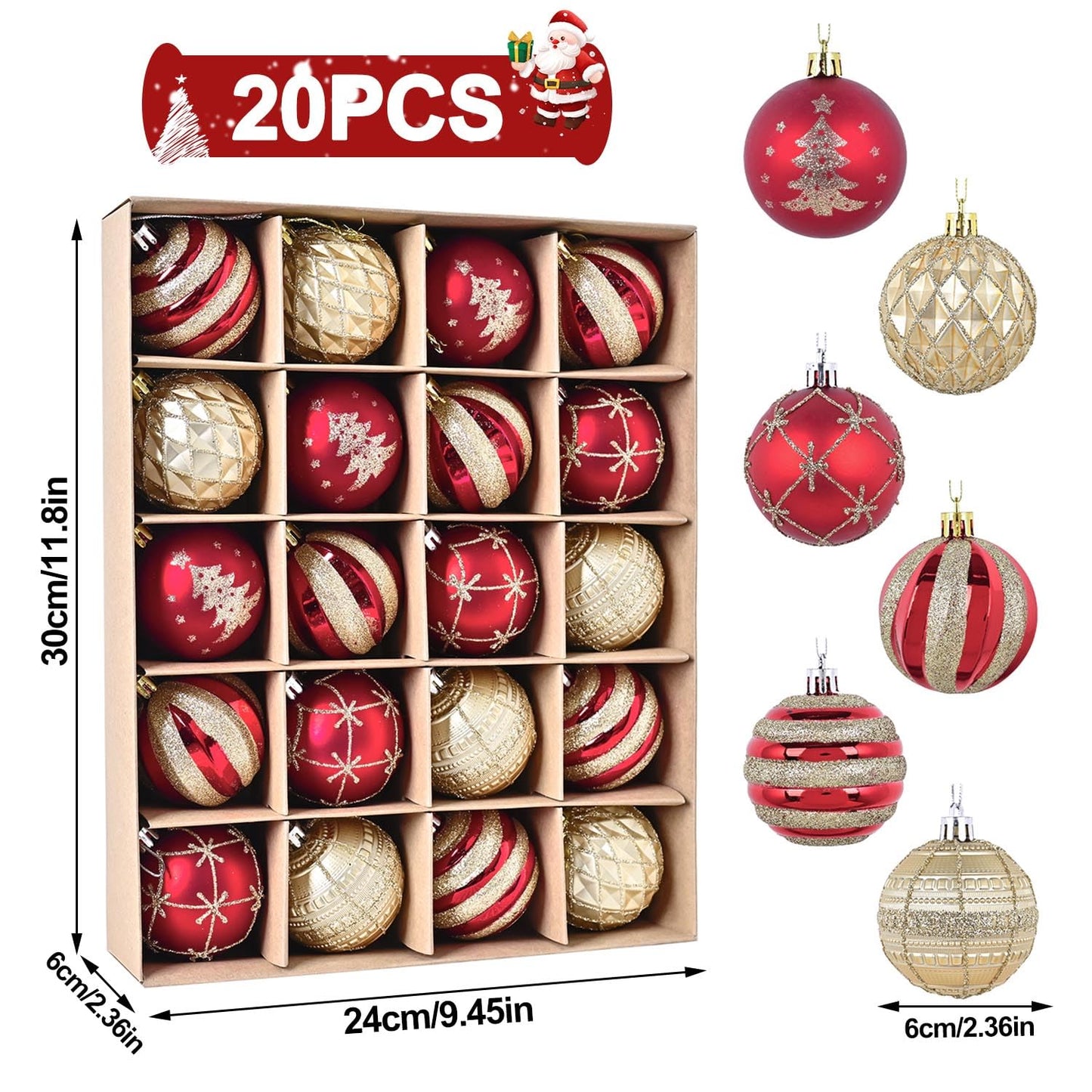 Christmas Tree Ball Ornaments 20ct Set, 2.36 Inch Red Gold Classic Christmas Decorations, Shatterproof Hanging Ornaments for Xmas Holiday Decoration