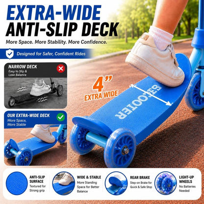 Kids Scooter for Ages 3-7 | Three-Wheel Toddler Kick Scooter with Light-Up Wheels, Adjustable Handlebar & Anti-Slip Deck - Blue