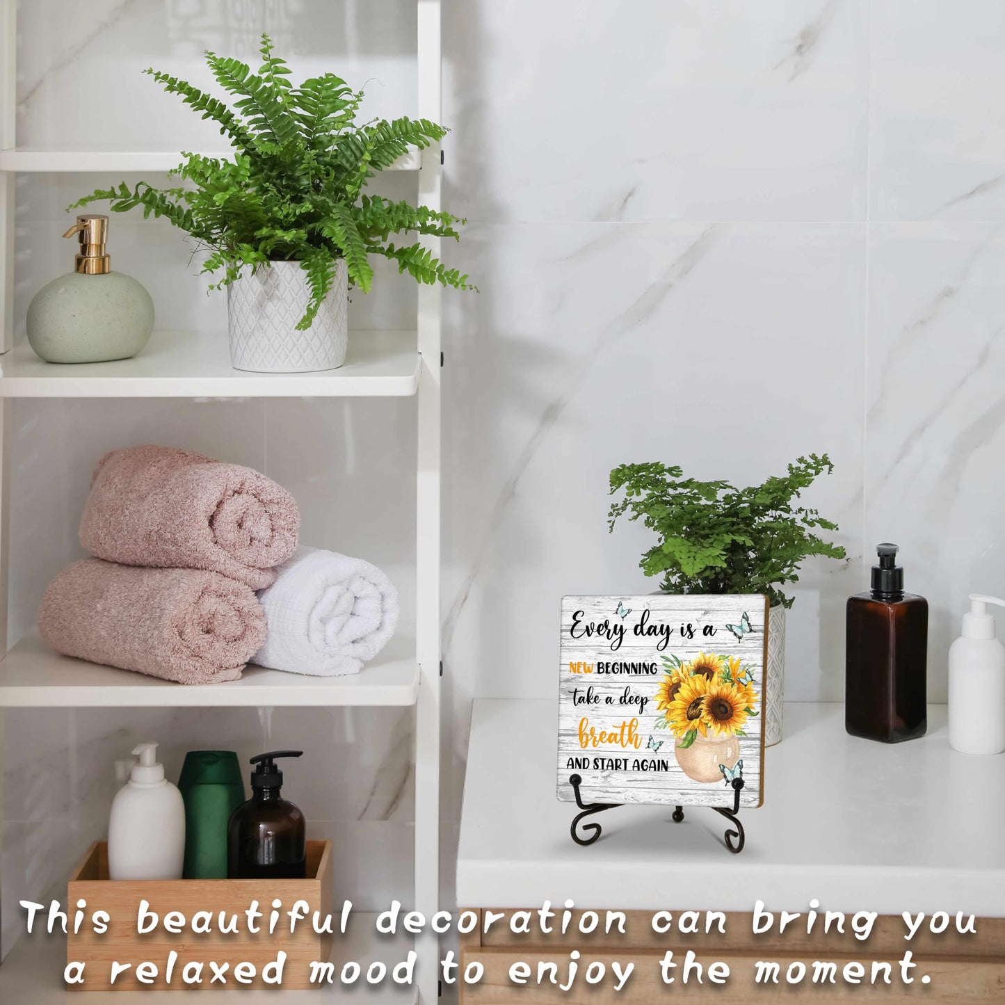 Motivational Gifts Wood Decor Sign, Inspirational Sunflower Wooden Rustic Farmhouse Decor with Stand for Home Desk Tabletop Shelf Decorations (A12)
