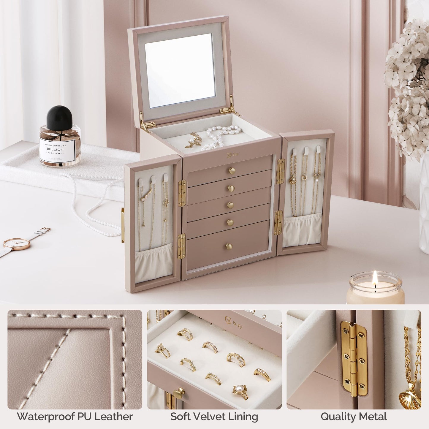 BIQI MUSSE Jewelry Box for Women, 6-Tier Jewelry Organizer Box with Mirror, 5 Drawers Jewelry Storage Case for Ring Necklace Earring Bracelet, Light Taupe