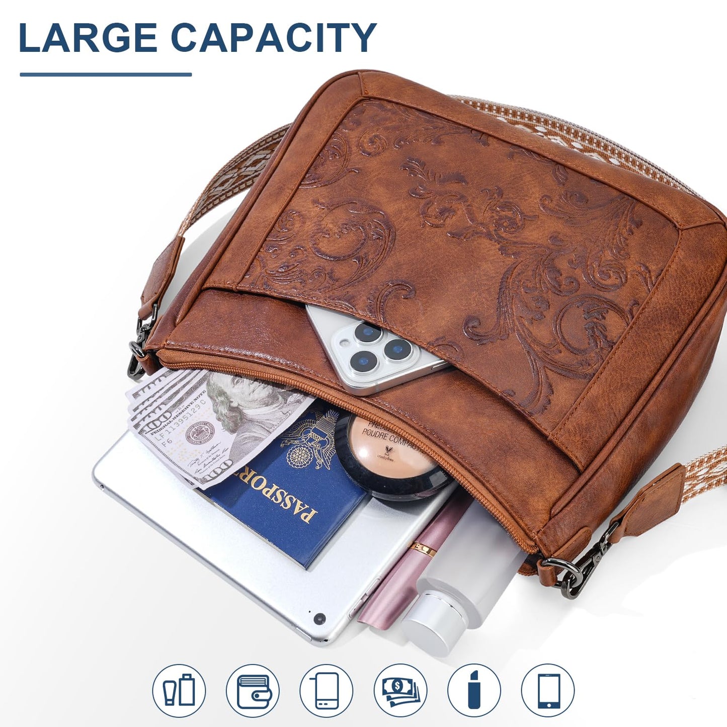VIMUTI Crossbody Bags for Women,Vegan Leather Crossbody Purse with Adjustable Strap Embossed Flower Women's Shoulder Handbags (01-Brown)