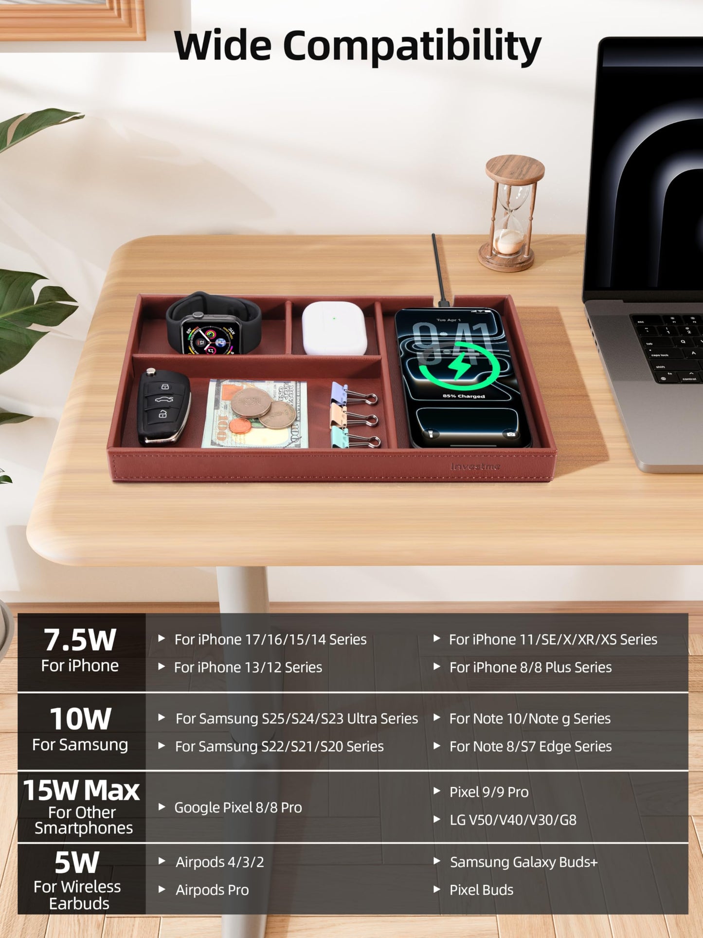 Investme Valet Tray, Built in Wireless Charger, Nightstand Organizer, Mens Jewelry Box, Dresser Organizer, Valet Charging Station, Faux Leather Valet Tray for Men and Women, Brown