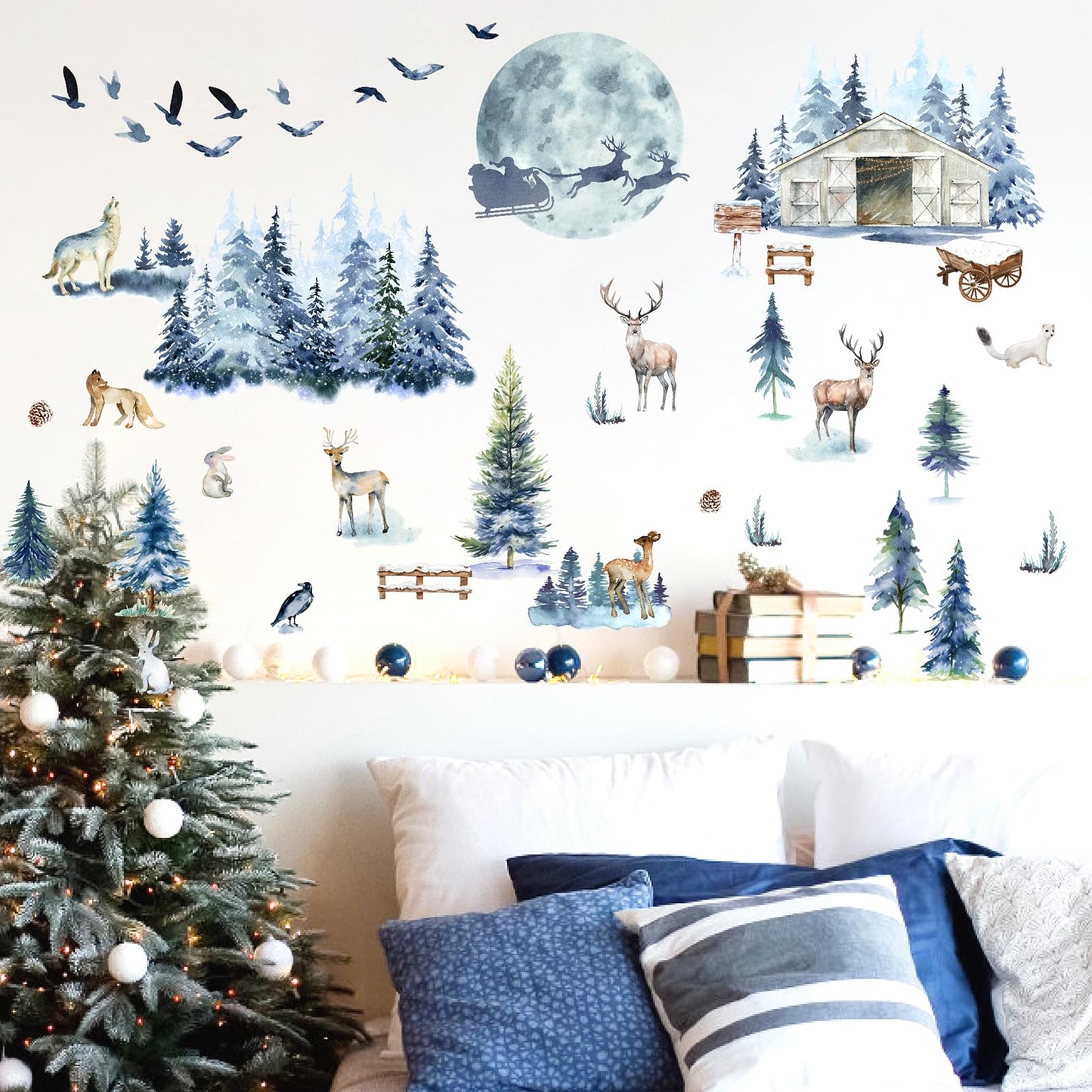 Winter Tree Wall Stickers Forest Animal Wall Decals Removable Woodland Tree Animal Wall Stickers Christmas Winter Pine Wall Decal Xmas Elk Santa Claus Christmas Moon Window Wall Decal