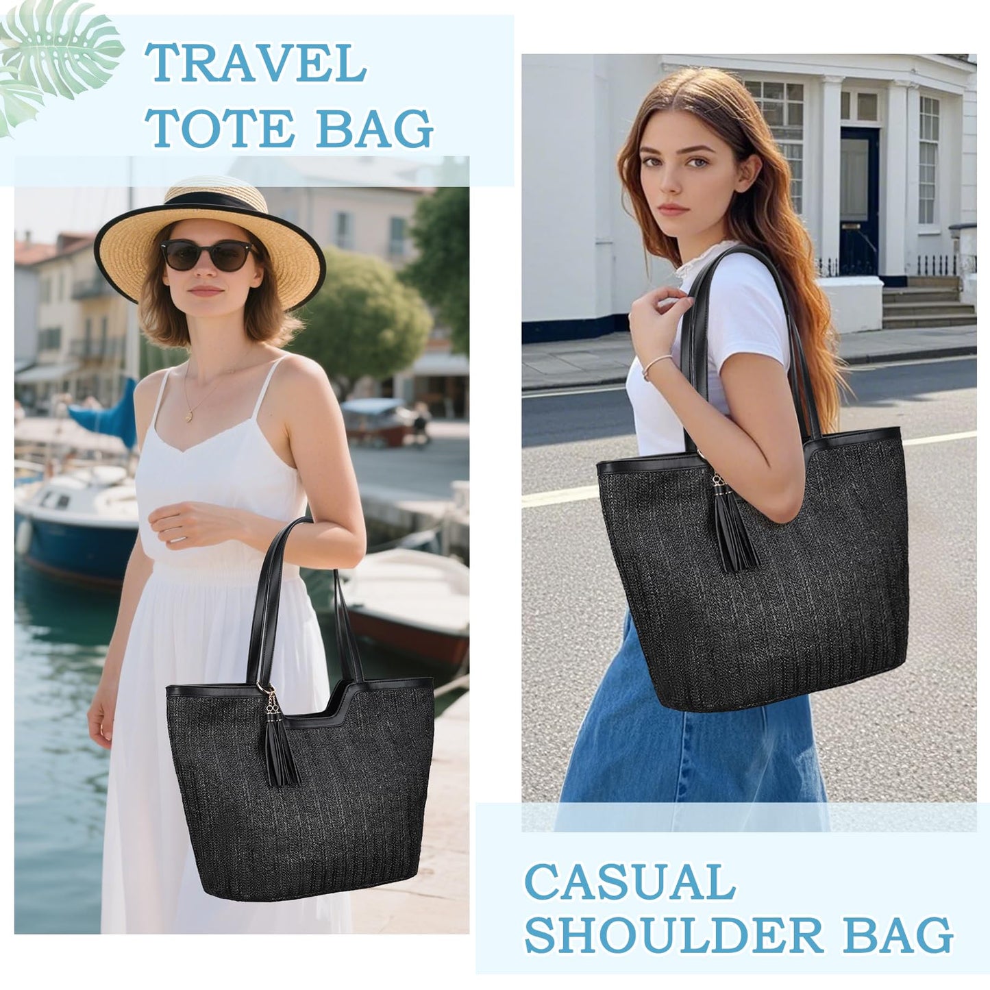 VASCHY Straw Beach Tote Bag for Women, Cute Trendy Woven Crochet Raffia Summer Shoulder Handbags Purses for Travel Vacation Black