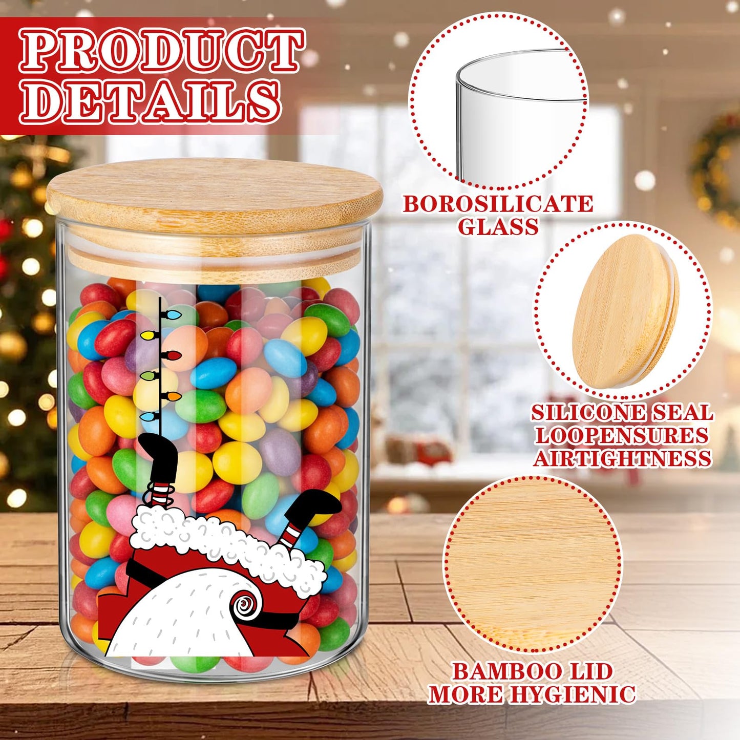 Suclain 6 Pcs Christmas Glass Storage Jars with Lid 19 oz Retro Christmas Glass Cookie Jars Santa Snowman Reindeer Tree Decorative Canisters Gift for Kitchen Indoor Containers Countertop Decoration