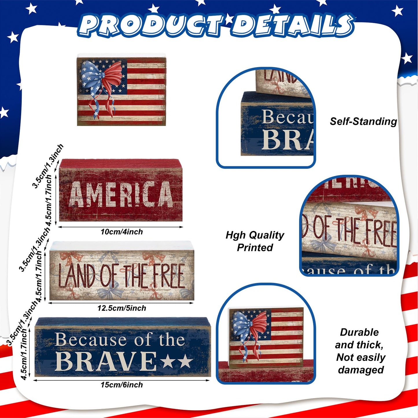 CroBlissful 4 Pcs 4th of July Decorations Patriotic Memorial Day Tabletop Decoration Red White Blue Table Centerpieces 250th Anniversary Wooden Fourth of July Sign for Office Tiered Tray Home Shelf