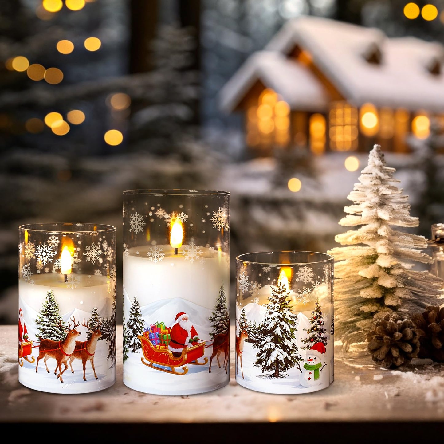 Sariiraw Christmas Snowman Glass Flameless Candles with Remote Timer, Set of 3 Battery Operated LED Pillar Candles for Christmas Decorations, 4" 5" 6" Heights, Warm White Light