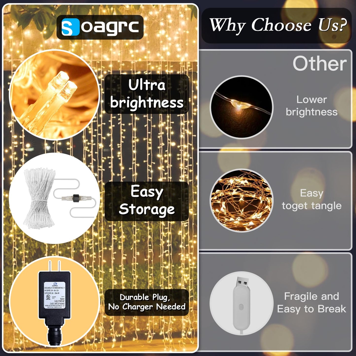 Soagrc 300 LED Warm White Curtain String Lights 9.8x9.8FT, Plug in Fairy Lights with 9 Hooks, Dimmable, Timer & 8 Modes, IP44 Waterproof, Bedroom Wall Wedding Backdrop Christmas Indoor Outdoor Decor