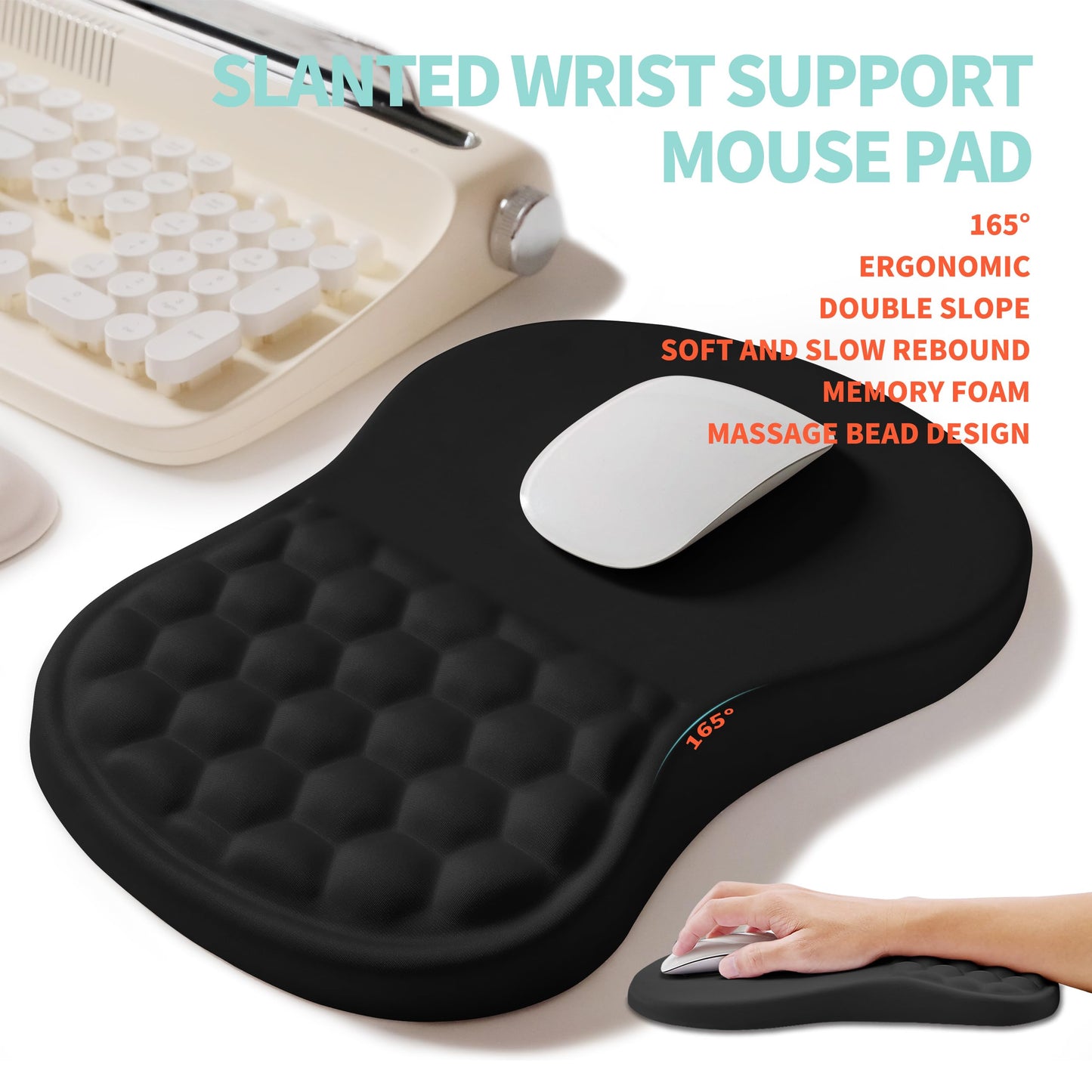 KUOSGM 2-in-1 Ergonomic Set, Wave Rise Keyboard Wrist Rest and Massage Bulge Slope Mouse Pad Wrist Support, Cushion Memory Foam Integrated to Relieve Wrist Pain, Black
