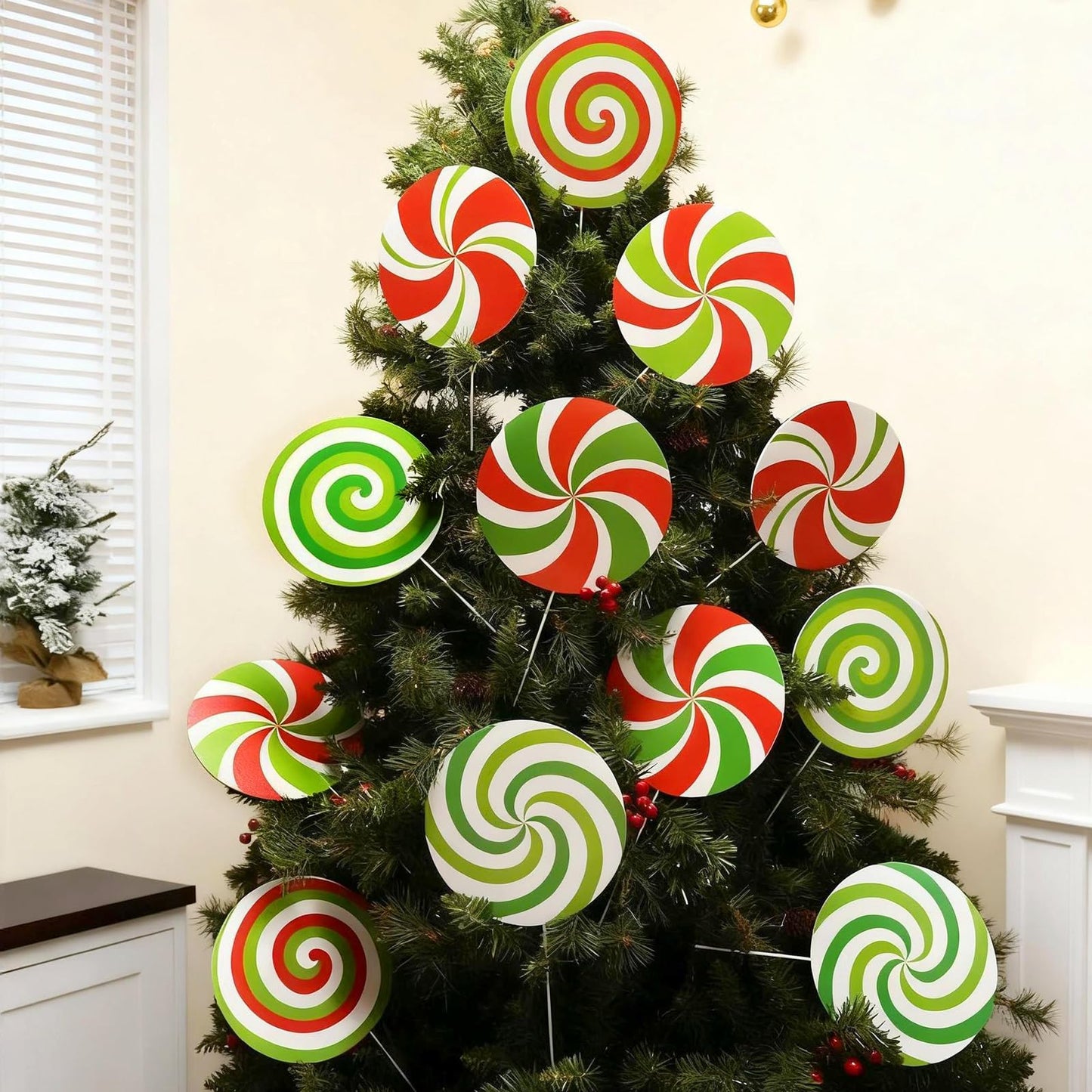 12Pcs Large Candy Christmas Tree Decorations Peppermint Lollipop Christmas Picks for Tree, 7.87" Red Green White Candy Ornaments, Plastic Candyland Tree Topper for Xmas Holiday Party Vase Decor