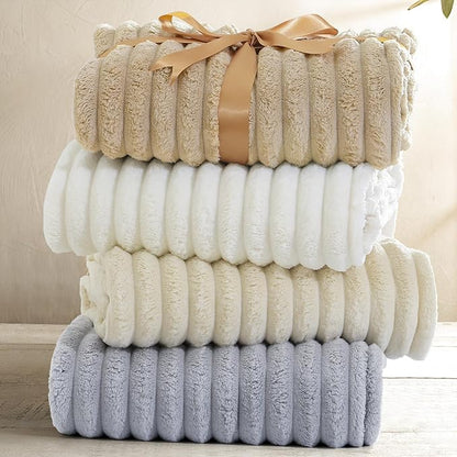 decorUhome Soft Fleece Brown Twin Blanket for Bed, Cozy Fluffy Plush Flannel Striped Throws for Couch Sofa, Lightweight Decorative Ribbed Fuzzy Blanket for Woman, 60x80 Inches