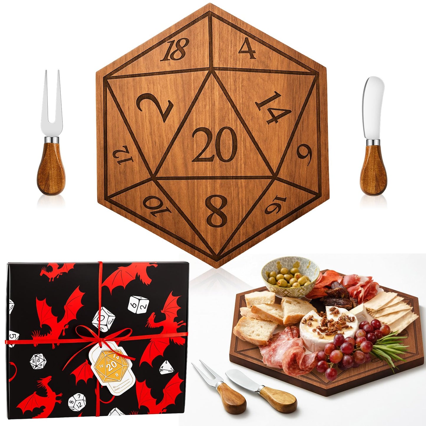 Ziliny D20 Shaped Charcuterie Board Set Cutting and Cheese Board Wooden Platter with Knives and Forks Serving Trays Gift for Christmas Kitchen Food Fruit(Acacia)