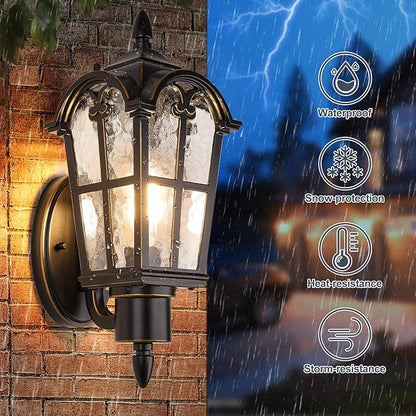 Outdoor Wall Light Fixtures, Black & Gold Exterior Waterproof Porch Lights, Vintage Outside Wall Sconces with Water Ripple Glass for House Front Door Garage, 2 Pack