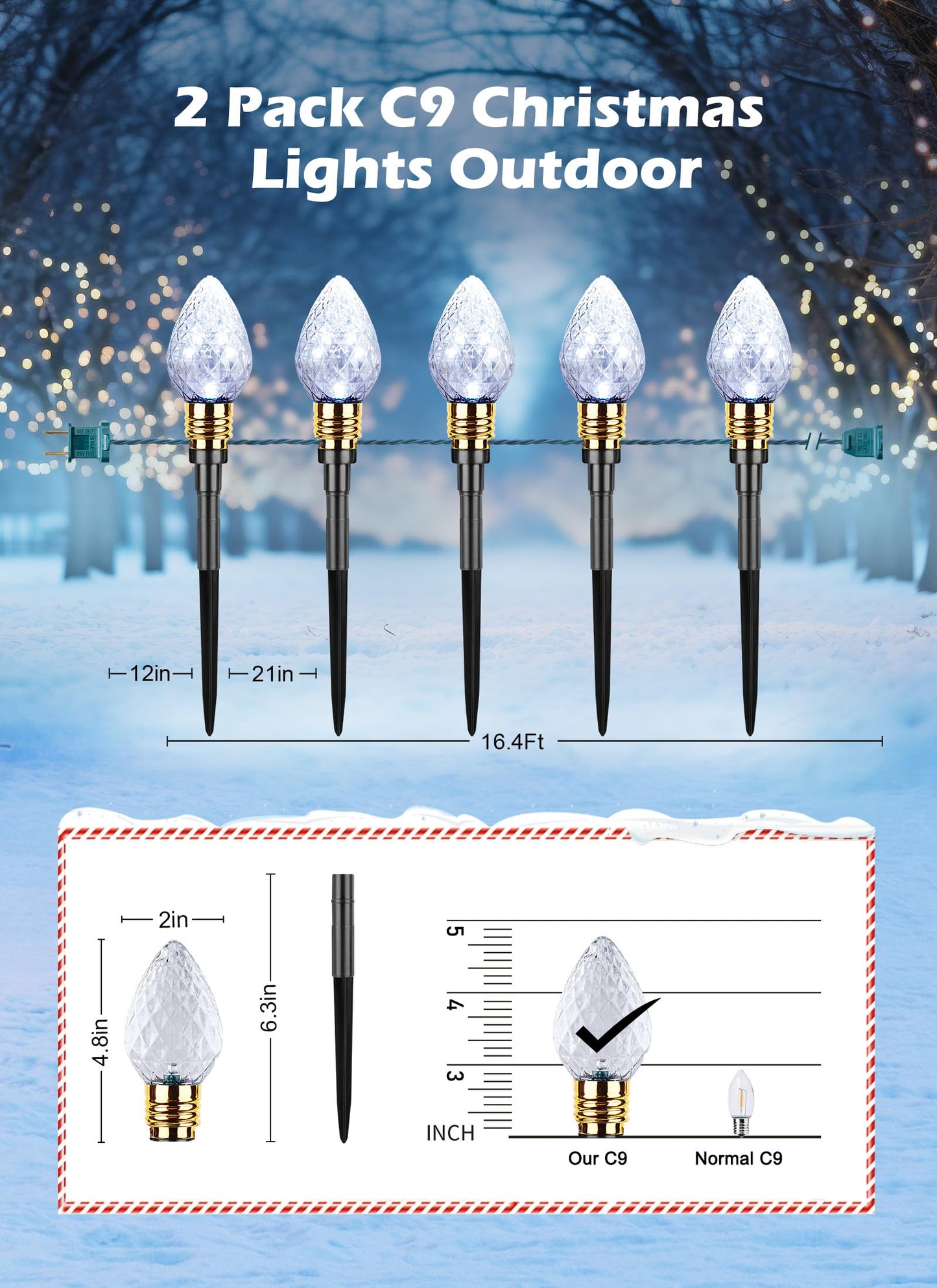 Brightown 2 Pack Strawberry C9 Christmas Pathway Lights Outdoor, Total 34.8 Ft 20 C9 Pathway Lights, Waterproof Connectable Christmas Walkway Light for Yard Ground Sidewalk Driveway, Pure White