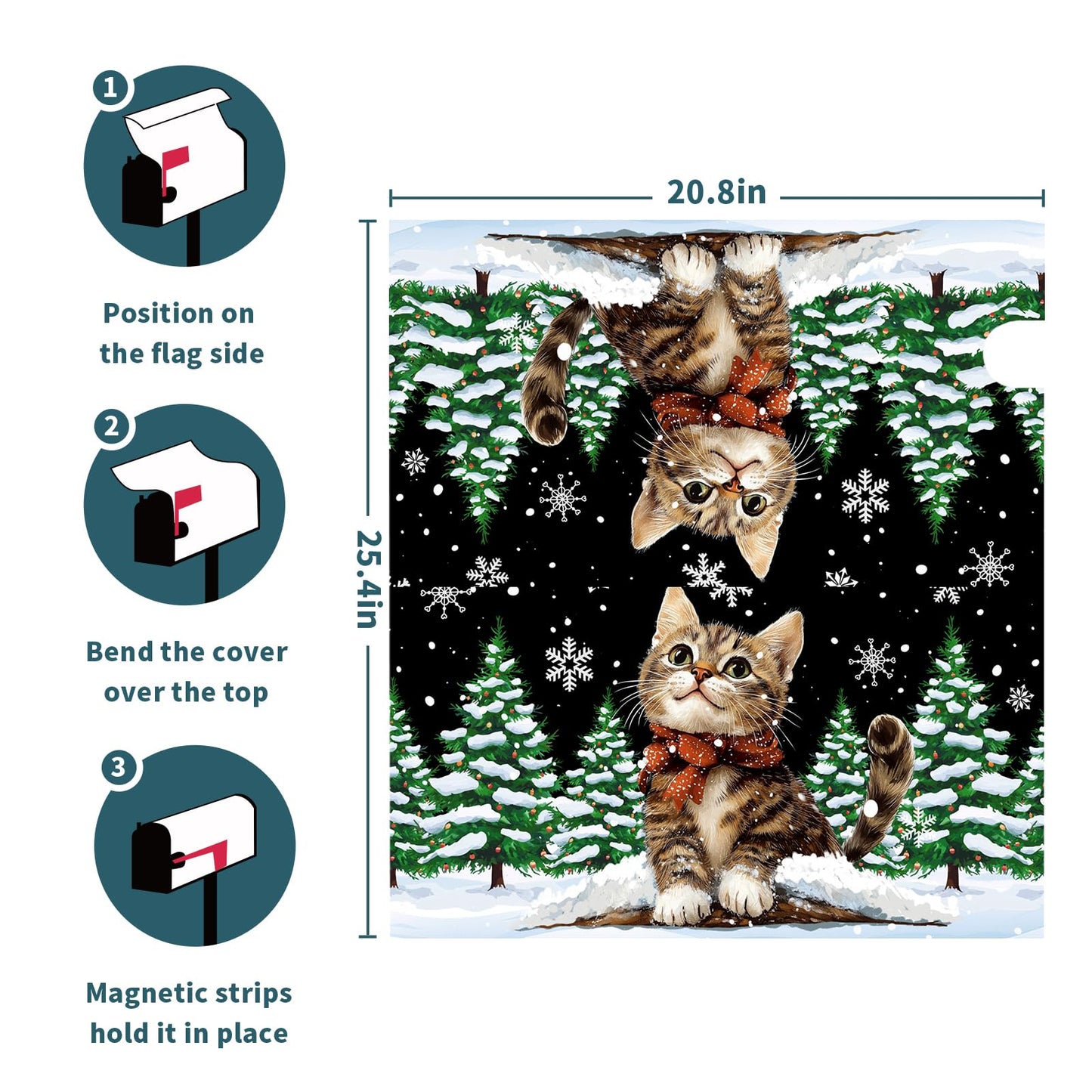 Winter Cat Mailbox Cover Magnetic Large Size 25”x21” Christmas Cat Mailbox Wraps Kitty Kitten Snow Pine Tree Decorative Post Letter Box Cover for Holiday Garden Yard Outdoor Decor