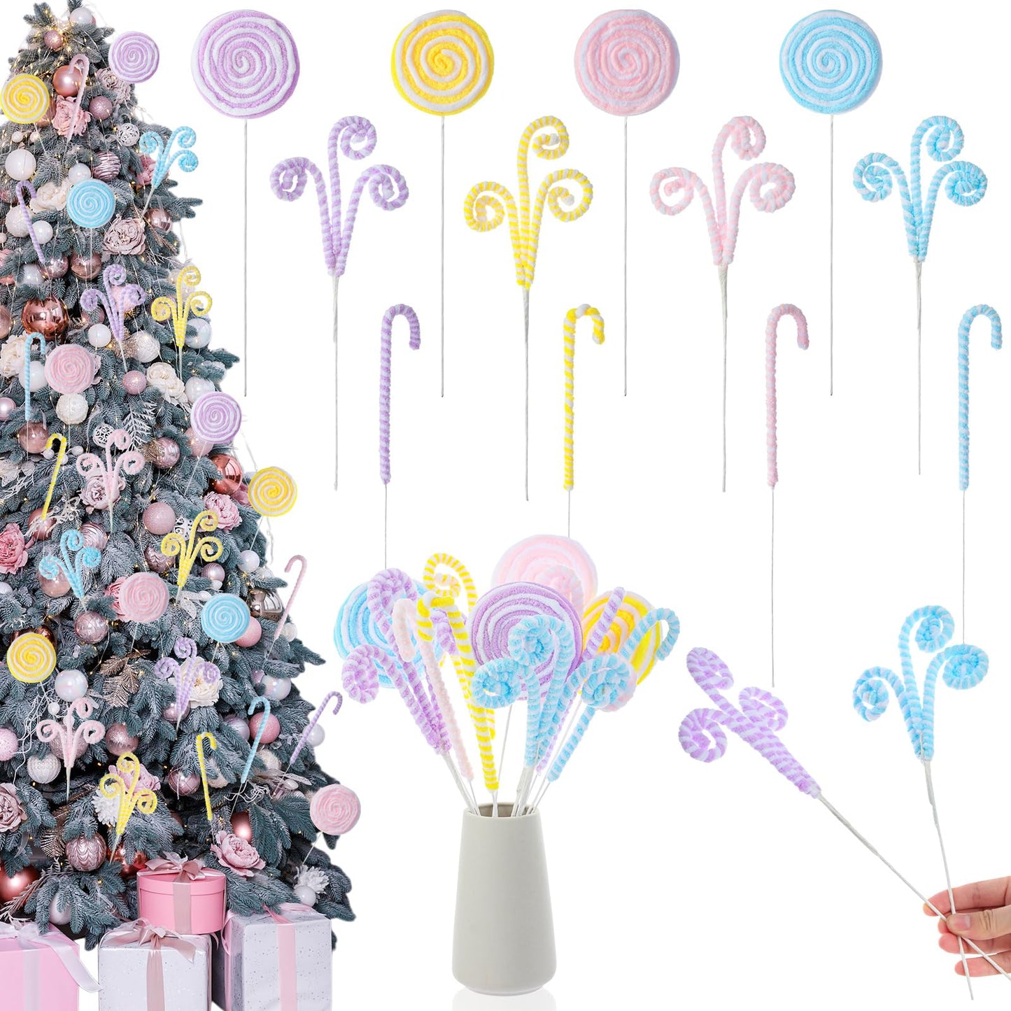 Solsew 12 Pcs Christmas Tree Decorations Picks, 14 Inch Pastel Christmas Curly Candy Cane Pick Macaron Woolen Xmas Tree Topper Ornaments for Holiday Party Decor