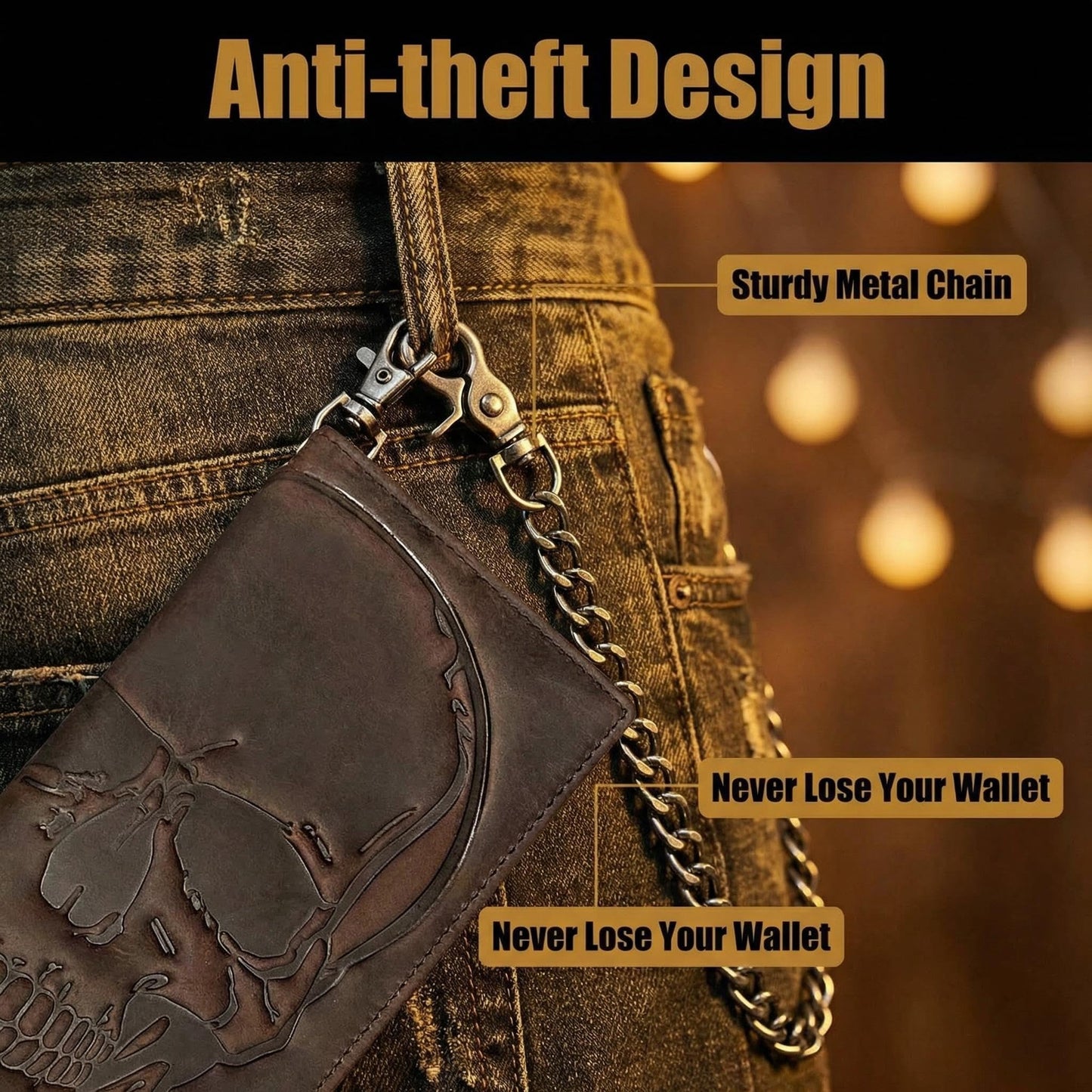 Paomadeng Skull Long Bifold Wallet for Men Full Grain Cowhide Genuine Leather Biker Wallet with Chain, RFID-Blocking, Brown