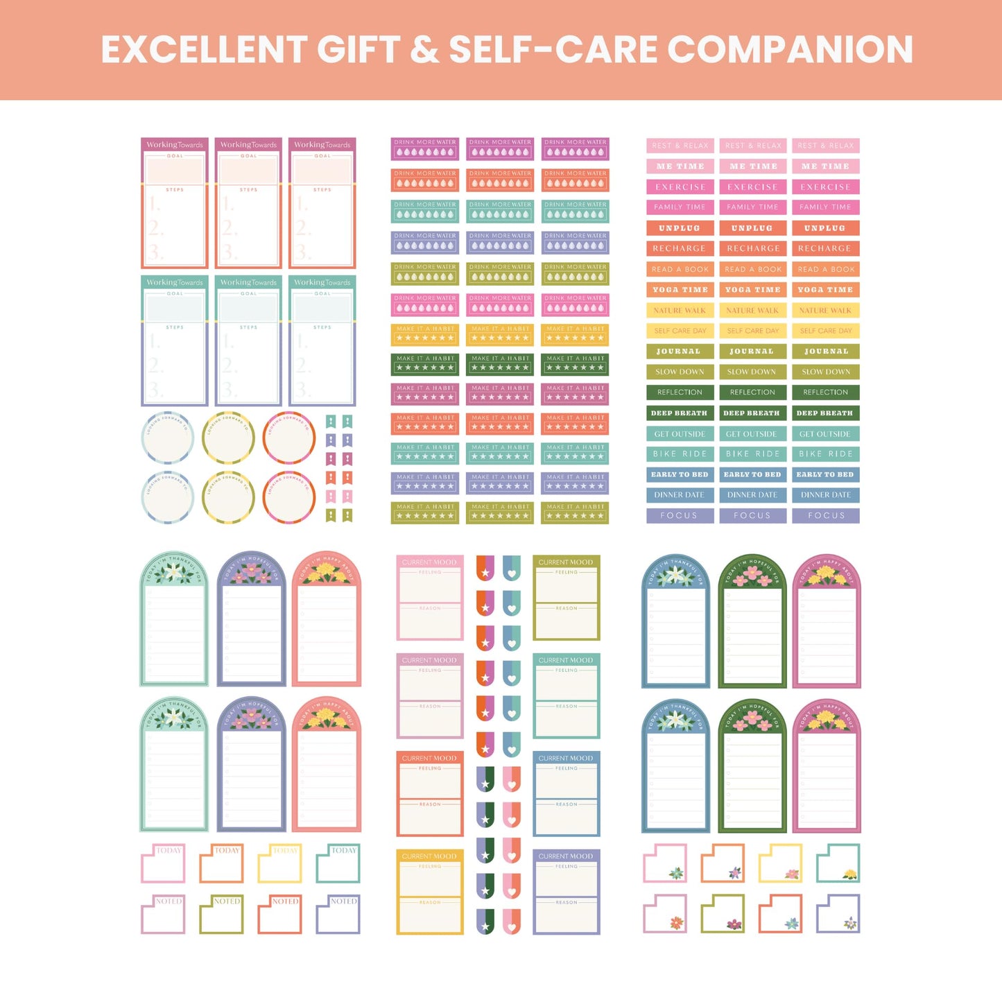 Wellness Sticker Book for Planners — 25 Sheets, 550+ Stickers | Habit Trackers, Motivational Quotes, Gratitude & Goal Trackers, Florals & Decor| Stickers for Planners, Journals & Scrapbooks