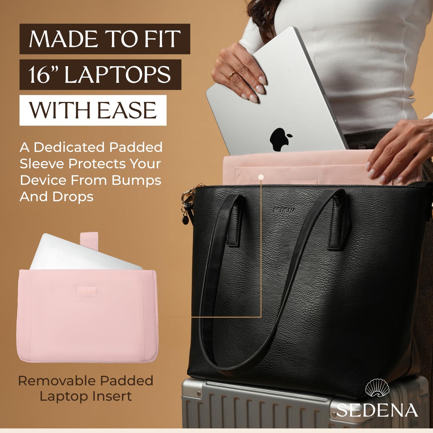 sedena Women’s 16” Laptop Tote Bag – Black Vegan Leather Work Bag with Cupholder, RFID Pockets, Anti-Pickpocket Zipper, Travel Tote with Trolley Sleeve & Detachable Laptop Sleeve