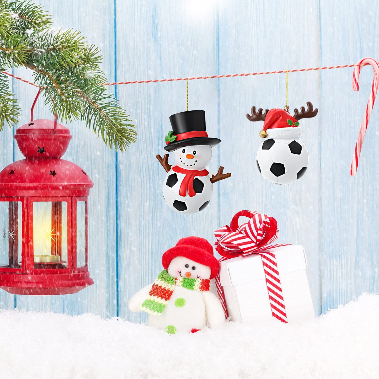 Jetec 2 Pieces Christmas Hat Soccer Ornament Snowman Hanging Ornament Xmas Reindeer Soccer Pendent Resin Snowman Decoration Christmas Tree Decoration for Fireplace Bedside Desks Shelf