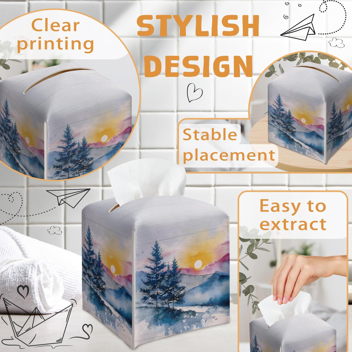 Winter Pine Tree Tissue Box Holder, Winter Forest Landscape Leather Tissue Box Cover Square, Paper Facial Decorative Tissues Cover for Night Stands Bathroom Kitchen Office Home Decor-B22