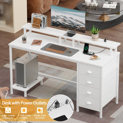 Furologee 47 Inch Computer Desk Gaming with 4 Fabric Drawers with Power Outlets and LED Lights for Home Office with Full Monitor Stand and Shelf Study Table for Small Spaces White