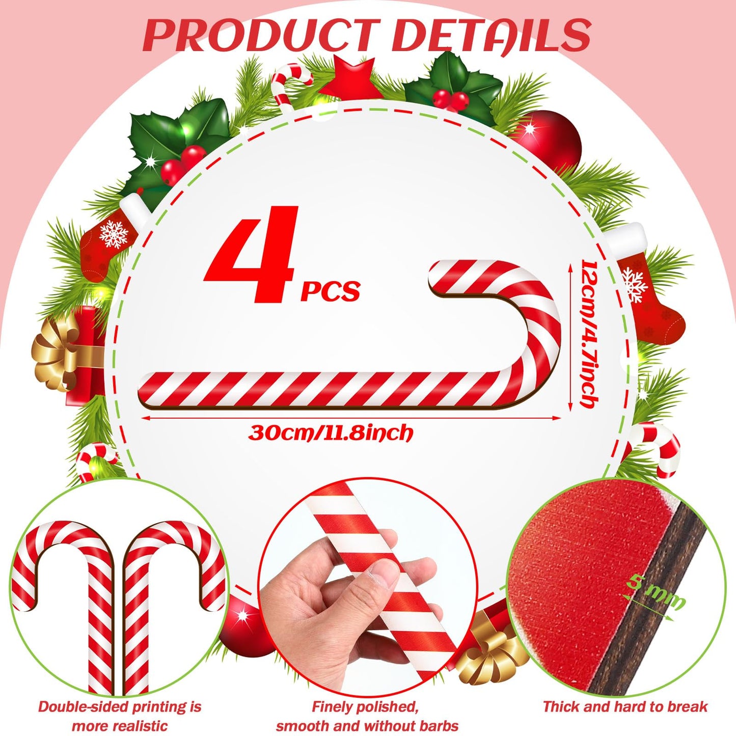 Large Size 4 Pcs 11.8 Inch Christmas Large Candy Canes for Tree Decorations Red and White Giant Candy Cane Props Bulk Xmas Hanging Ornaments Rustic Wood Flat for Party Supplies DIY Crafts Photoshoot