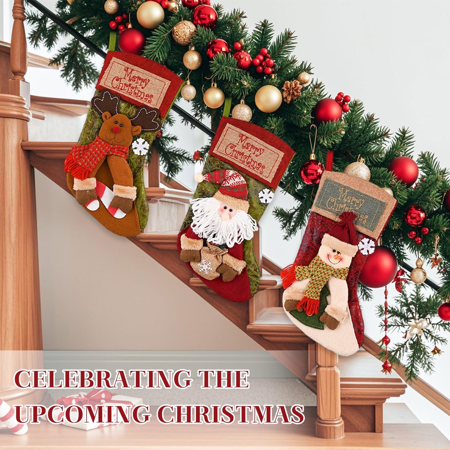 VVXKS 3 PCS Christmas Stockings Set, Large Classic Christmas Stockings with Holder, Stockings with 3D Santa, Snowman, Reindeer 3D Bulk Xmas Stockings for Fireplace Window Counter Party Decor 17"