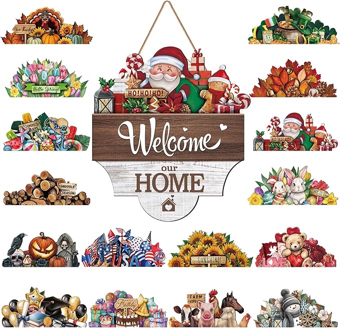 Yousoontic 17 Pcs 12 Inch Magnetic Welcome Door Sign Interchangeable Front Door Decor Rustic Fall Seasonal Hanging Sign Halloween Christmas Decor for Home Warming Gift(Bright Color,Classic Welcome)