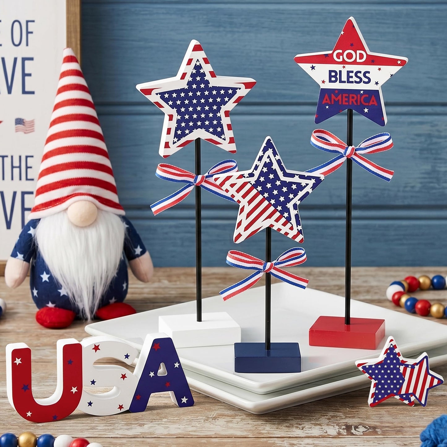 Elfcool 5Pcs 4th of July Table Decorations Wooden Star Set, Patriotic Memorial Day Table Centerpiece, Red White and Blue Independence Day Stand Decor for Home Office