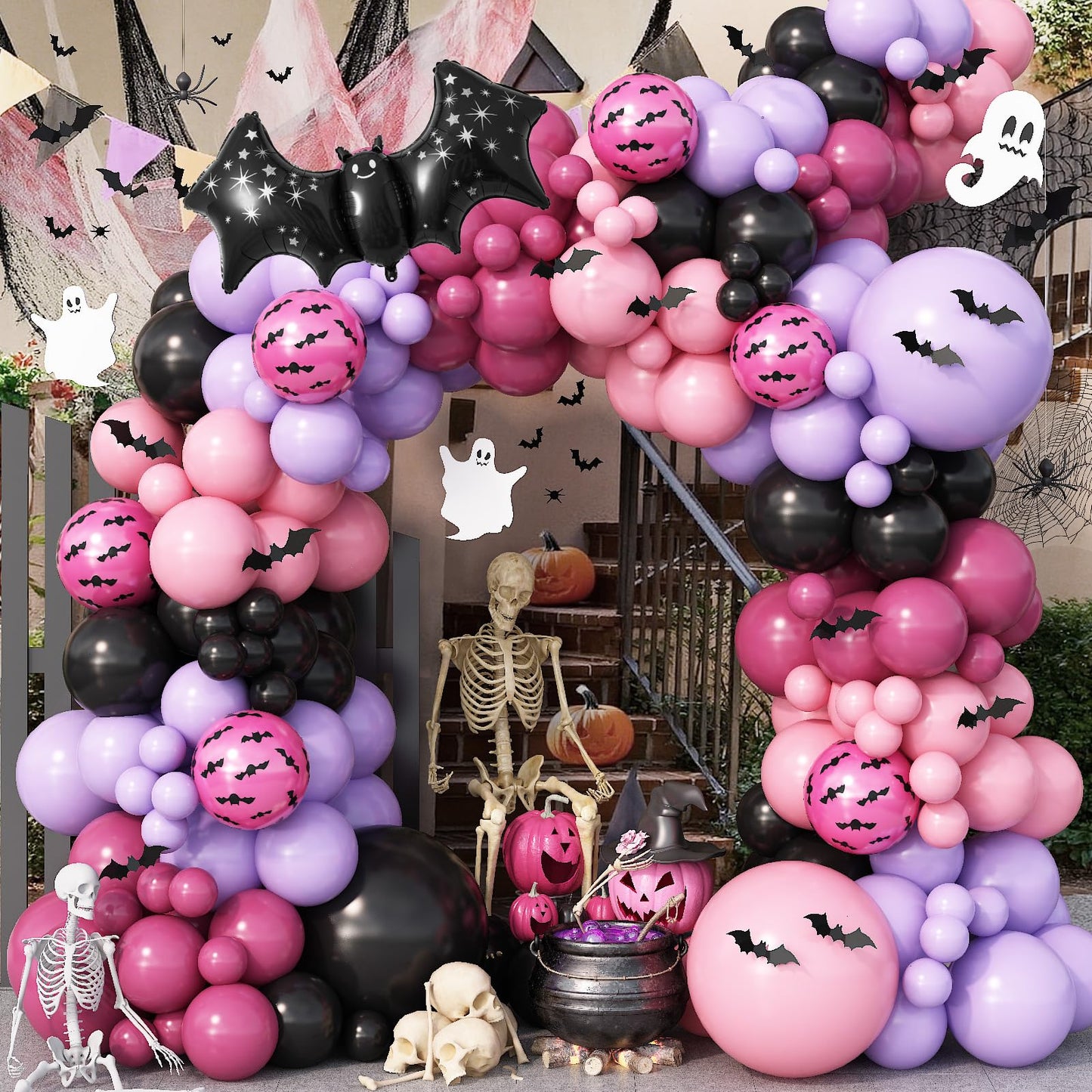 Halloween Balloon Arch Kit 102Pcs Hot Pink Purple Black Balloon Garland with Halloween Bat Foil Rose Red Balloons for Trick or Treat Day of the Dead Spooky Boo Ghost Haunted House Party Decorations