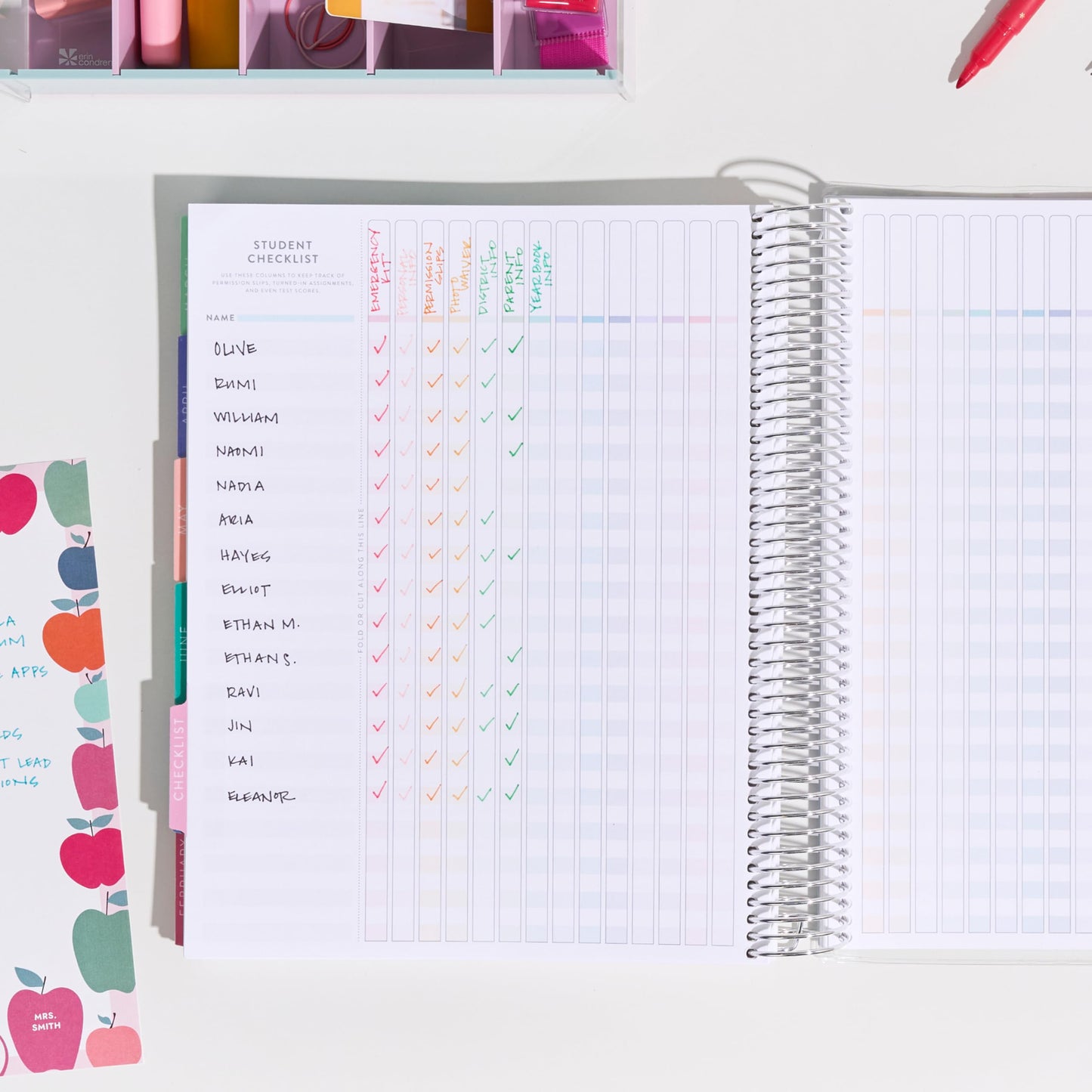 8.5x11 Coiled Teacher Lesson Planner (January 2026 - December 2026) - Apple Dapple classic cover, horizontal layout, Hexagon theme, platinum coil