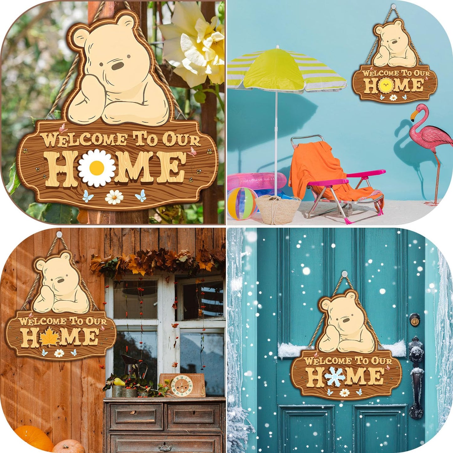 Winnie Welcome Sign for Door Decor, the Pooh Welcome to Our Home Sign with Interchangeable Holiday Sign, Christmas Party Decor Supplies, Perfect for Housewarming Gift, Christmas Thanksgiving Gifts