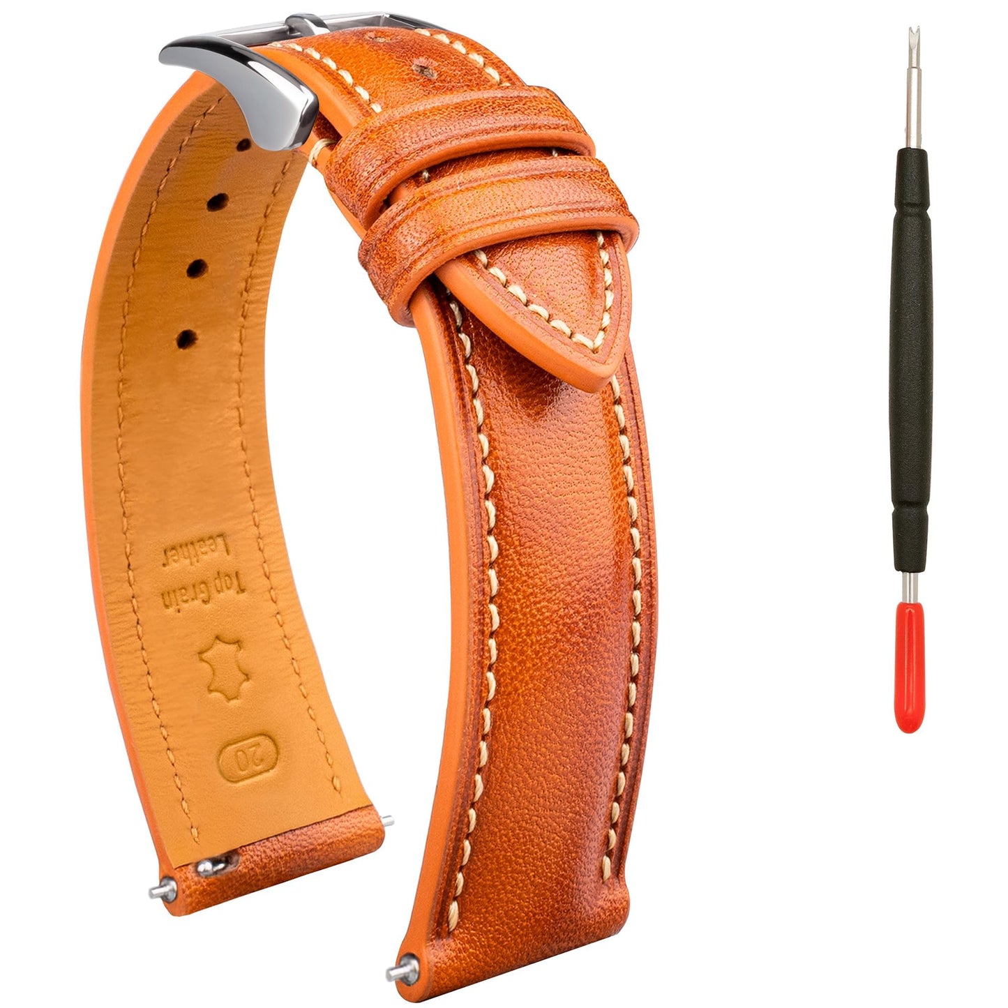 Gomvadr Quick Release Leather Watch Band, Two Tone Oil-tanned Top Grain Leather Watch Straps 18mm 20mm 21mm 22mm Replacement Watch Belt for Men Women (Cognac/Silver Buckle, 18mm)