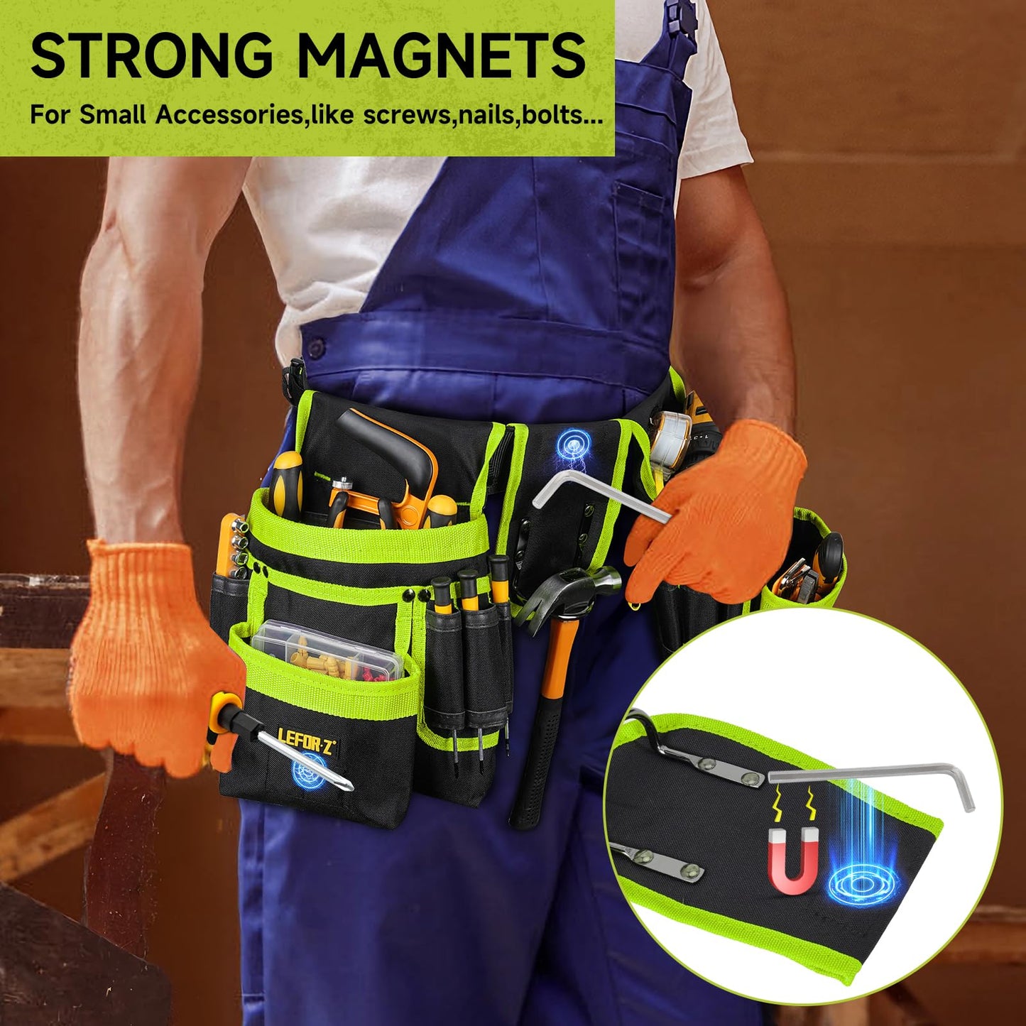 Tool Belt,Magnetic Tool Pouch,27-Pockets Heavy Duty Tool Belts for Men,Detachable Tool Pouch Bag for Electrician,Carpenter,Construction,Work Apron,Utility Belt,Valentines Day Gifts for Men,Black,Green