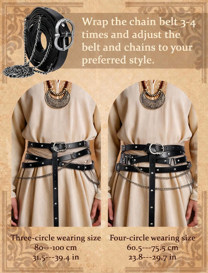 Minhuida Medieval Belt with Renaissance Bag & Detachable Chains, Vintage Faux Leather Waist Pouch Dresses Belt Halloween Cosplay Costume Accessorie (Black)