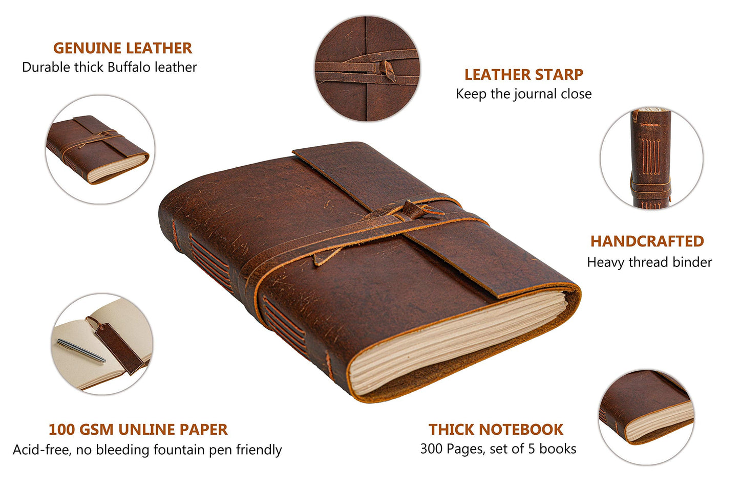 Leather Journal Notebook - Rustic Handmade Vintage Leather Bound Journals for Men and Women - Leather Craft Unlined Paper 300 Pages, Leather Book Diary Pocket Notebook, Diary To Write In (5" x 7")