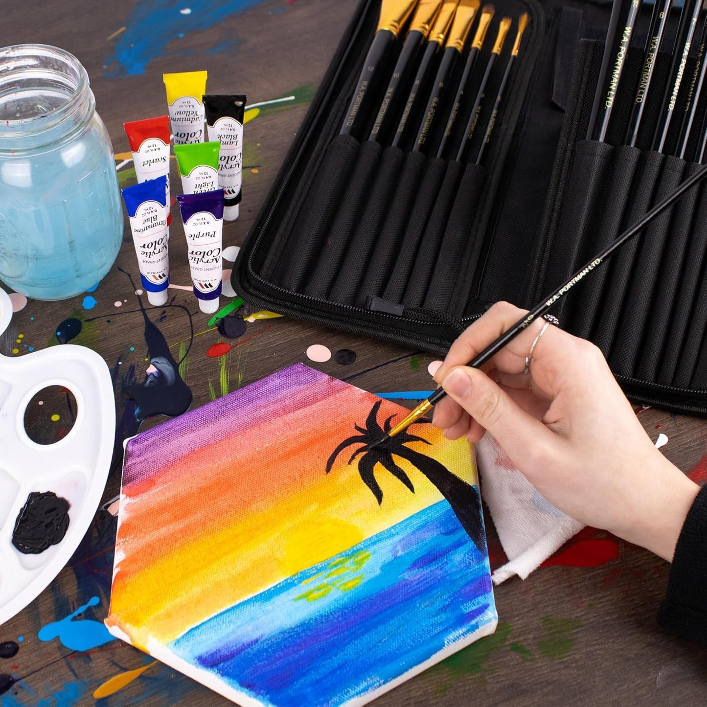 WA Portman 15-Pc Professional Paint Brush Set – All-Purpose Artist Tools for Acrylic, Watercolor, Gouache, and Oil Paint Brushes Set – Durable Canvas Painting Kit with Portable Zip-Up Case