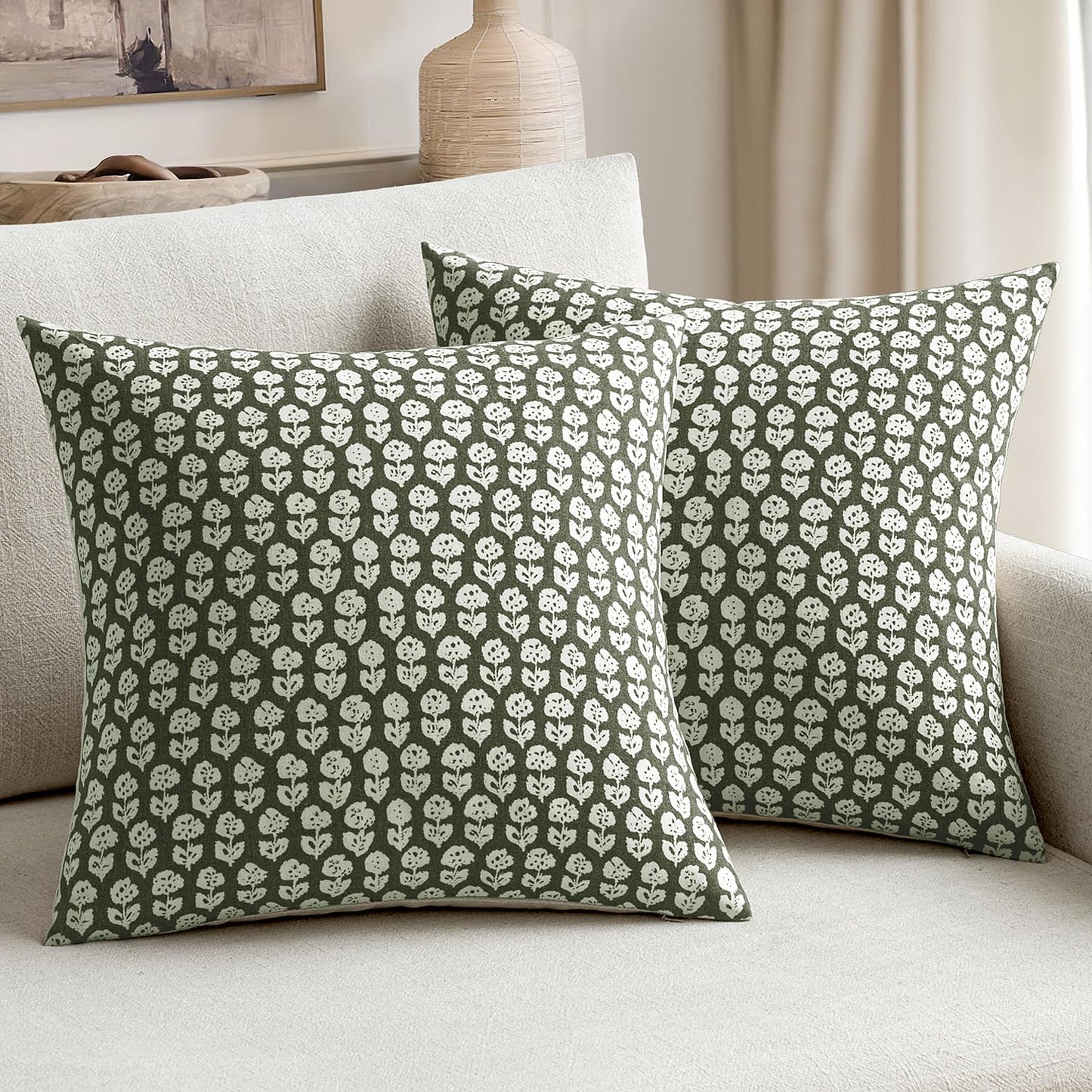 MIULEE Winter Block Print Pillow Covers 18x18 Inch Set of 2, Christmas Vintage Floral Throw Pillow Cases Neutral Linen Farmhouse Cushion Covers for Couch Sofa Bed Chair Living Room, Army Green