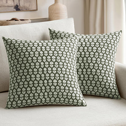 MIULEE Winter Block Print Pillow Covers 18x18 Inch Set of 2, Christmas Vintage Floral Throw Pillow Cases Neutral Linen Farmhouse Cushion Covers for Couch Sofa Bed Chair Living Room, Army Green