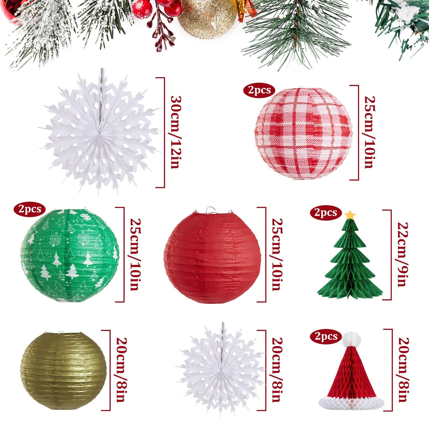 OBBOLO Christmas Hanging Decorations, 12 PCS Paper Lanterns, Honeycomb Christmas Trees, Hanging Paper Fans, Red Green Gold White Holiday Party Supplies for Home Xmas Holiday Party