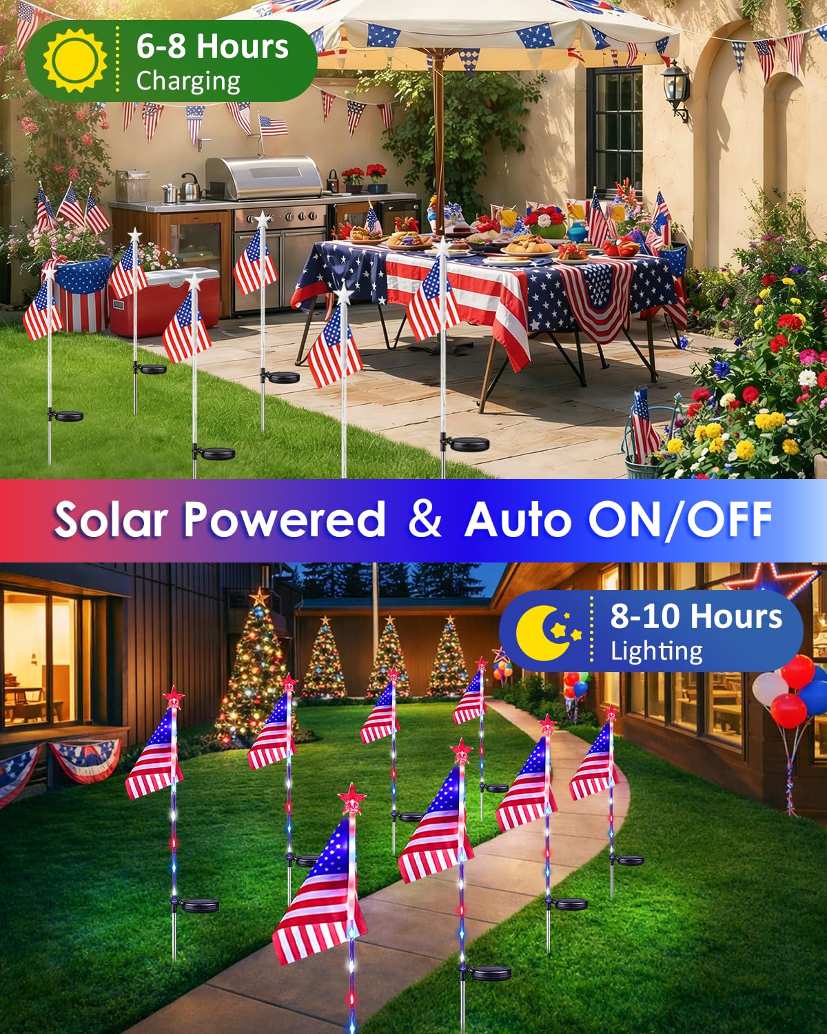 8 Pack American Flag Solar Lights Outdoor, 4th of July Decorations Red White and Blue Star Lights, 2 Modes Waterproof Solar Patriotic Lights for 250th Anniversary Independence Memorial Day Garden Yard