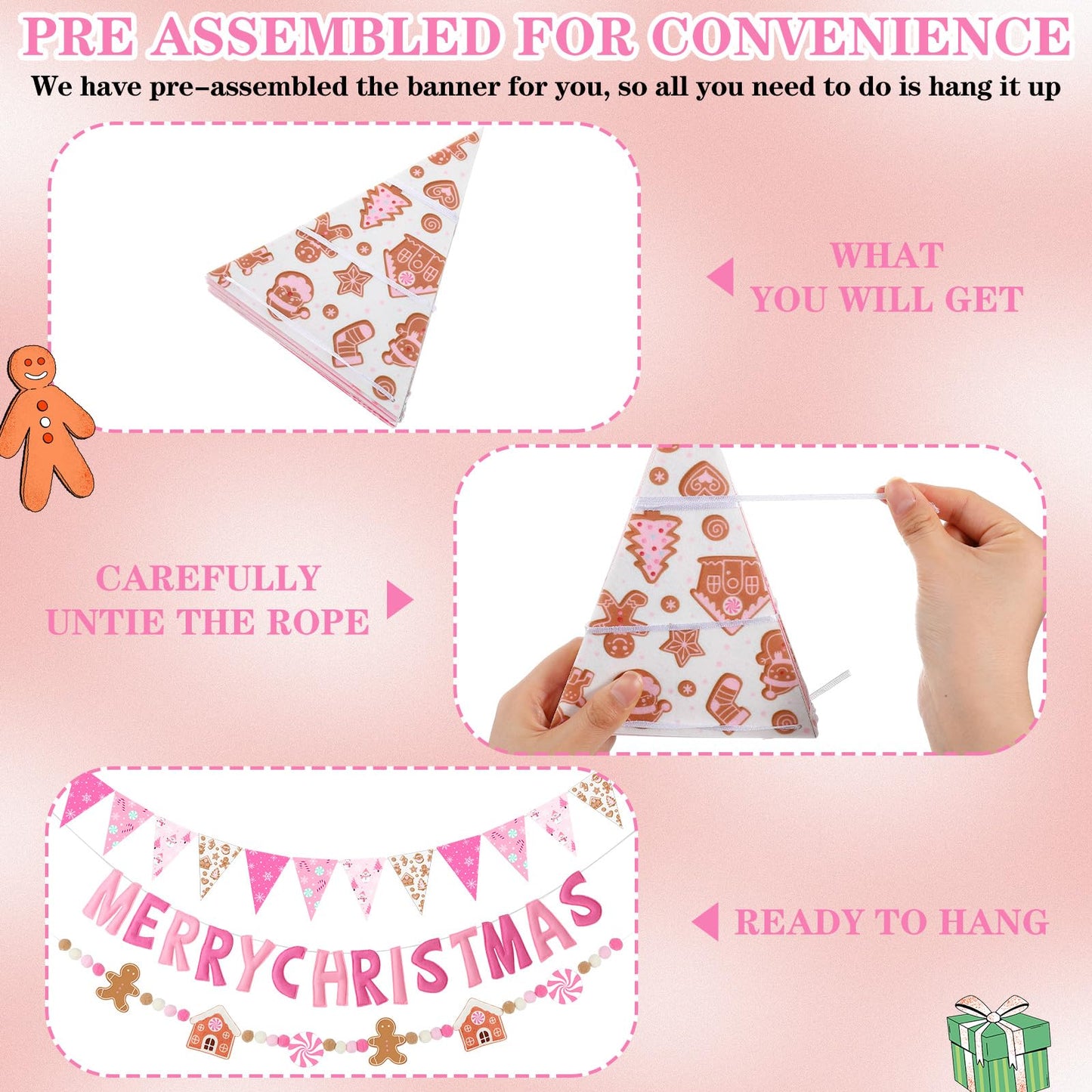 VitalCozy 3 Pcs Pre Strung Merry Christmas Banner Felt Merry Christmas Garland Felt Pennant Flag Xmas Sign Outdoor Indoor Decoration for Holiday Party Supplies Home Porch (Pink, White, Gingerbread)