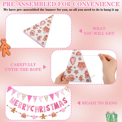 VitalCozy 3 Pcs Pre Strung Merry Christmas Banner Felt Merry Christmas Garland Felt Pennant Flag Xmas Sign Outdoor Indoor Decoration for Holiday Party Supplies Home Porch (Pink, White, Gingerbread)